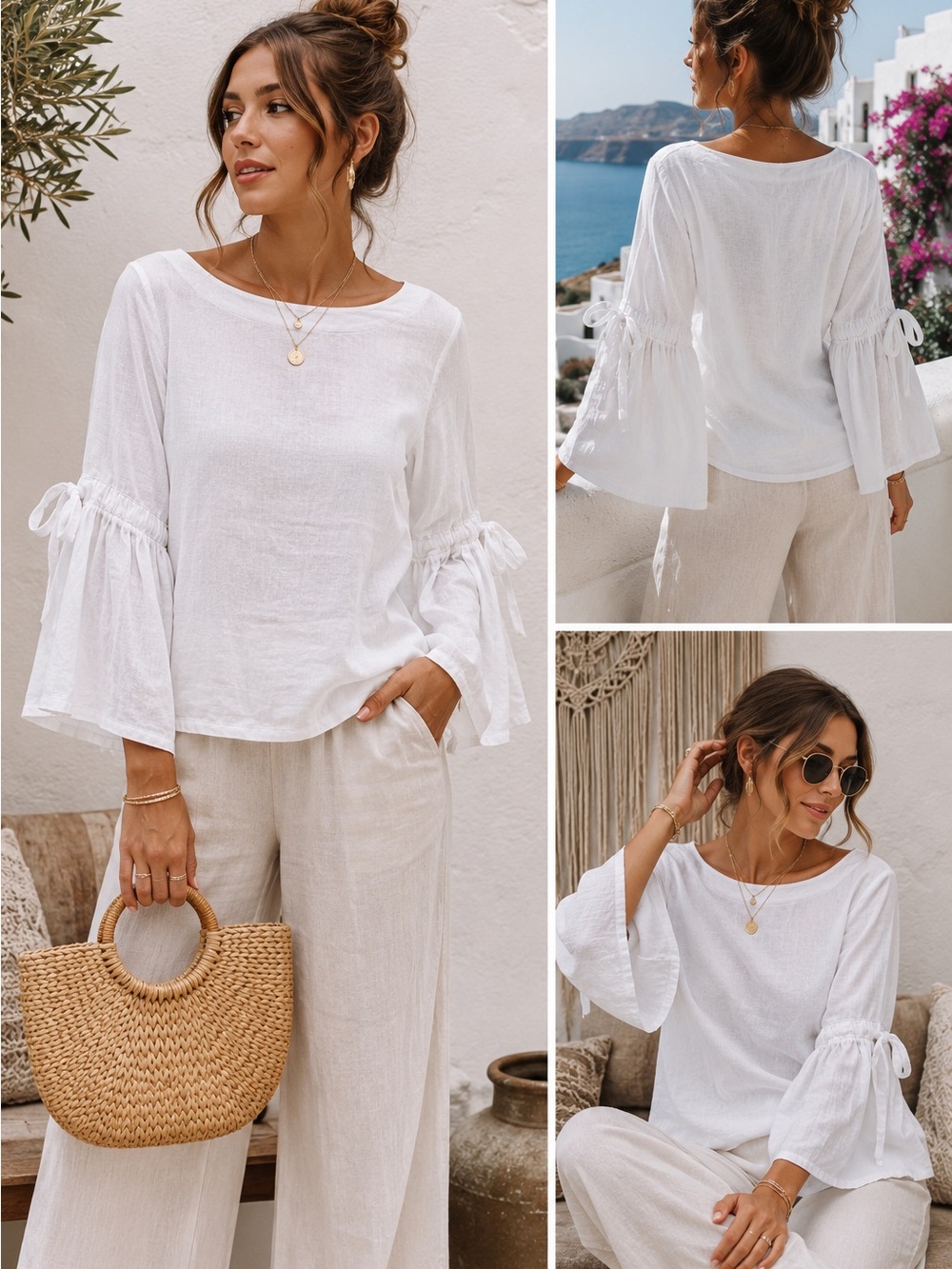 Charter Club XS White Linen Look Boat Neck Bell Sleeve Coastal Boho Blouse